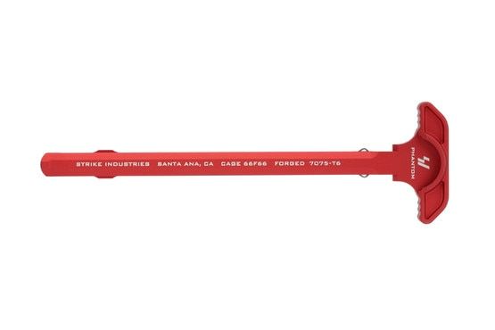 The Strike Latchless Charging Handle red anodized features an internal flat spring locking mechanism